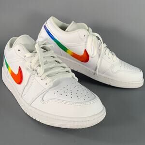 NIKE Size 11 Air Jordan 1 Low White Multi Color Rainbow Swoosh Leather Sneakers